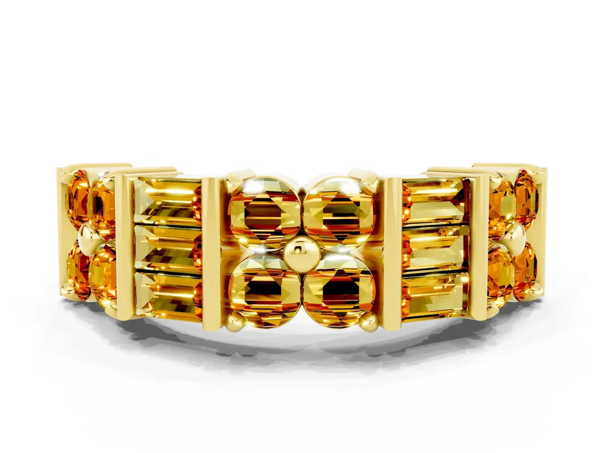 Channel Set Round and Baguette Citrine Anniversary Band with Prong Setting Yellow gold