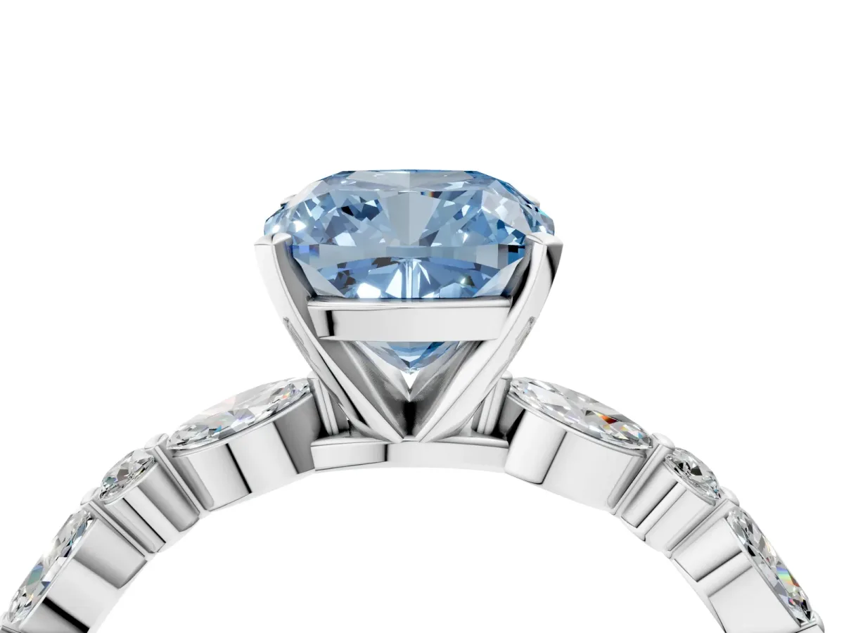 Fancy Blue Cushion Cut Diamond Ring with Marquise and Round Side Stones and Four-Prong Setting Platinum
