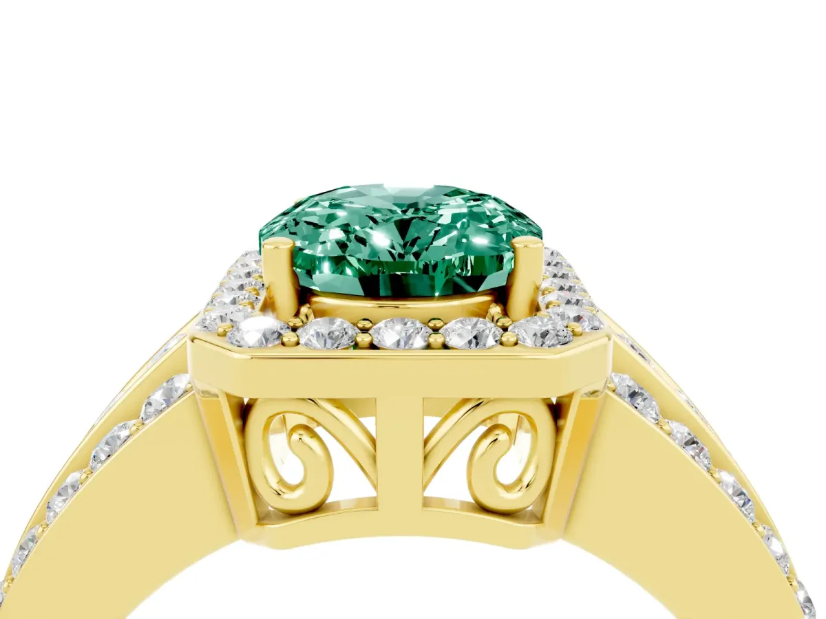 Oval Cut Halo Green Sapphire Ring with Round Split Shank and Prong Setting Yellow gold