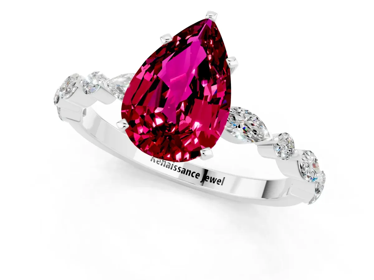 Pear Cut Garnet Ring with Marquise and Round Side Stones and Four-Prong Setting Silver