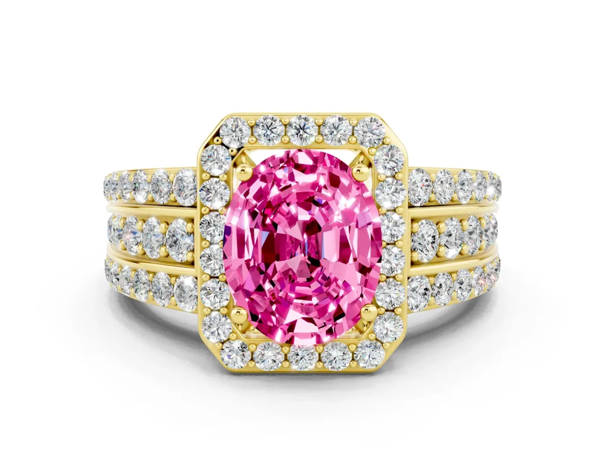 Oval Cut Halo Pink Sapphire Ring with Round Split Shank and Prong Setting Yellow gold