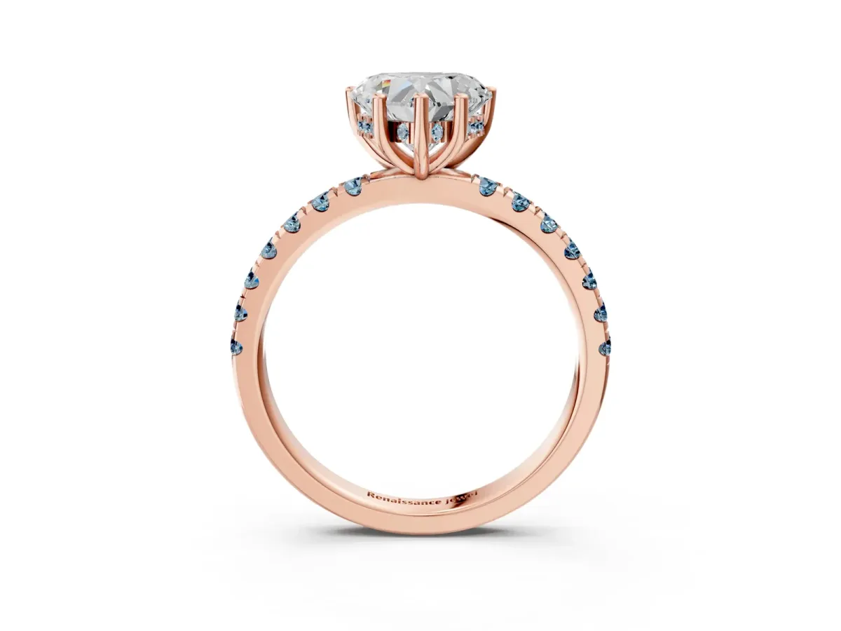 Heart Cut Diamond Pave Band Solitaire Ring with Round Aquamarine and Prong Setting Rose gold