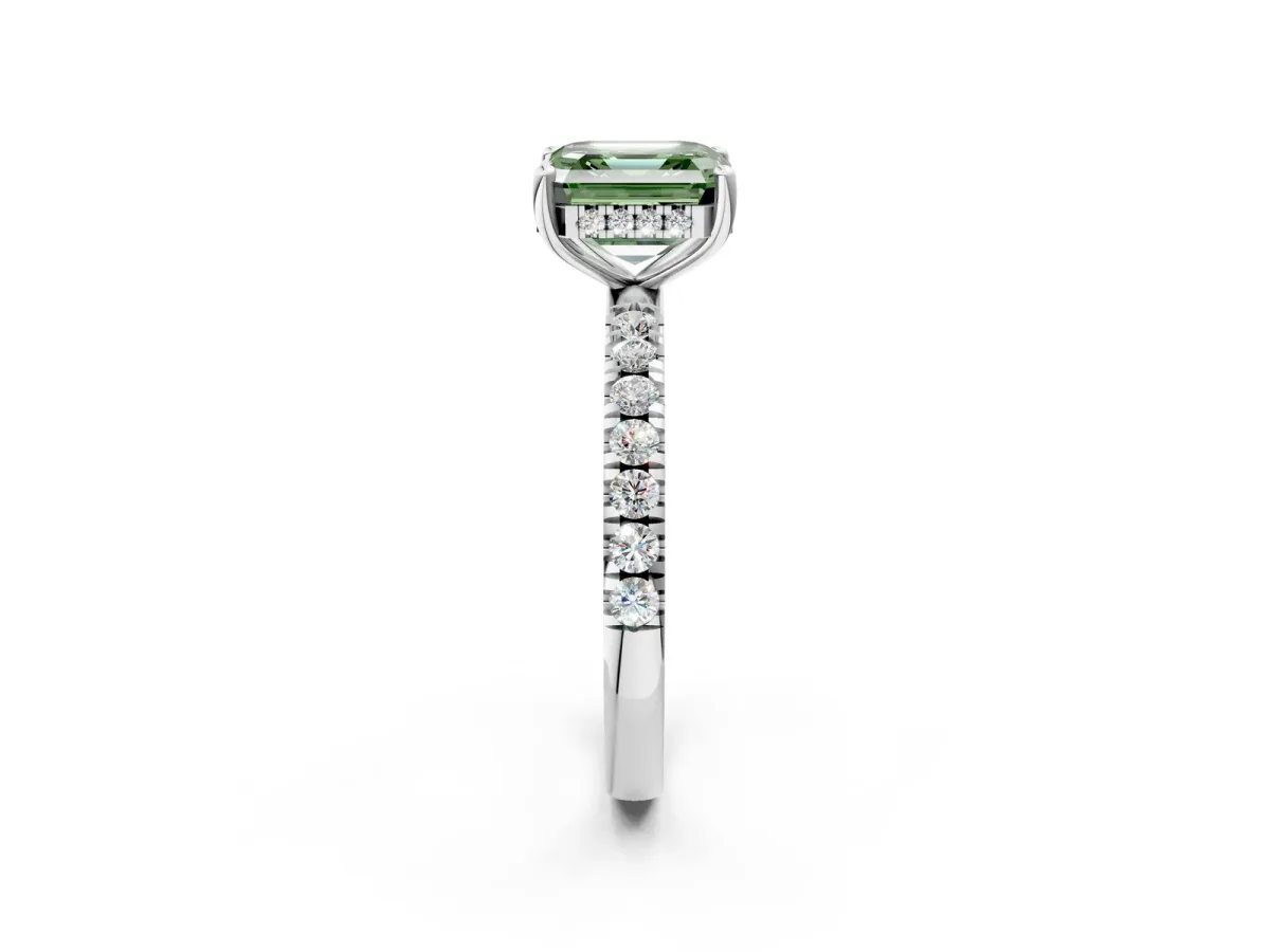 Fancy Green Asscher Cut Diamond Pave Band Solitaire Ring with Round and Prong Setting Platinum