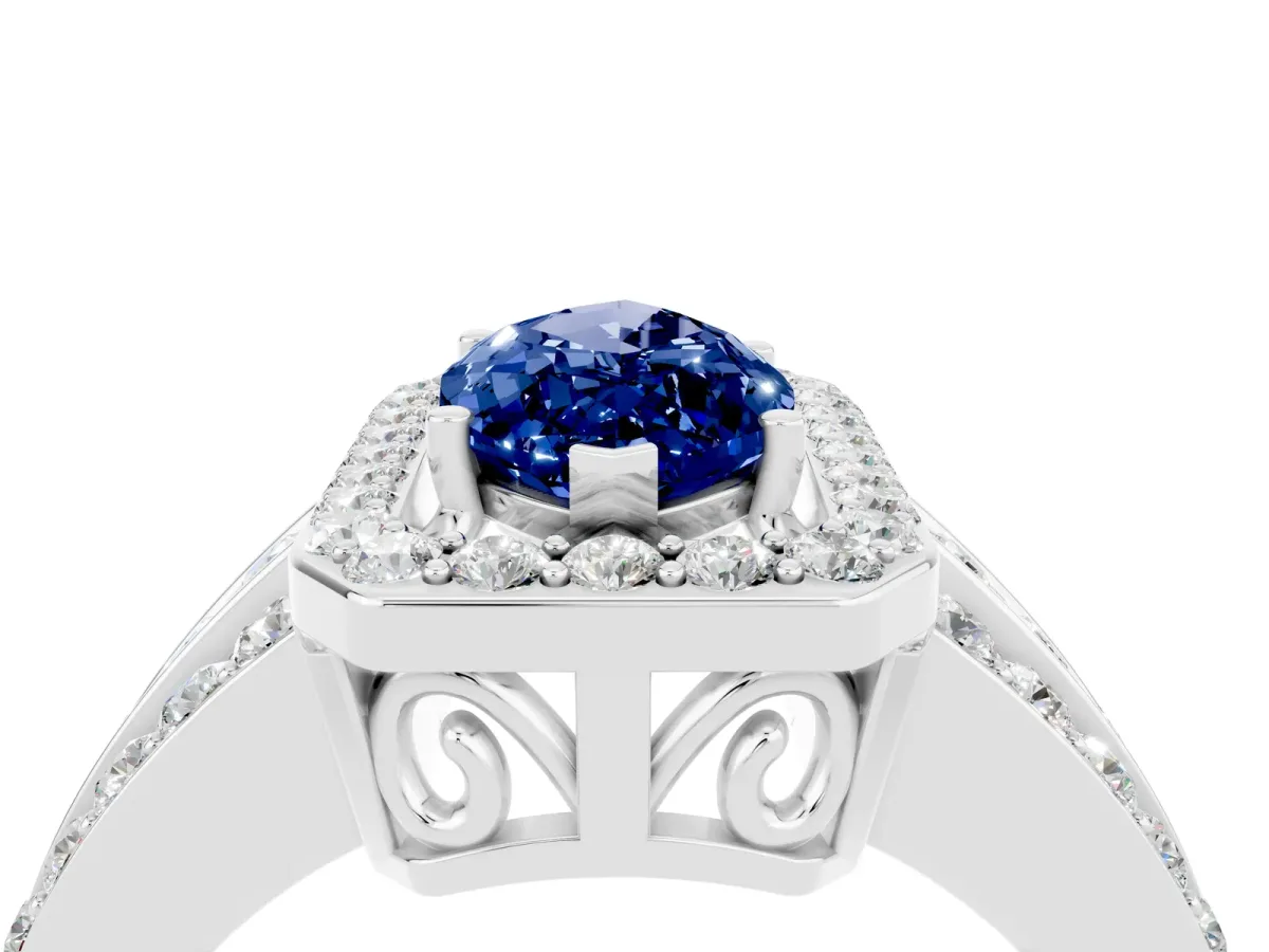Marquise Cut Halo Blue Sapphire Ring with Round Split Shank and Prong Setting White gold