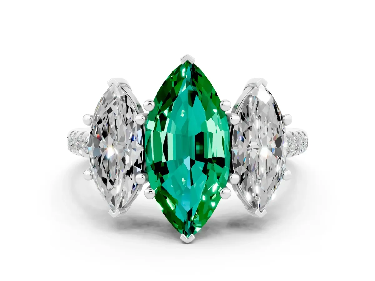 Three-Stone Marquise Cut Emerald Ring with Round Pavé Band and Prong Setting Platinum