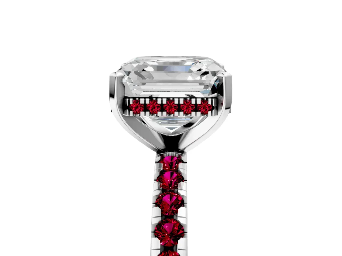 Asscher Cut Diamond Solitaire Ring with Round Garnet Pavé Band and Four-Prong Setting Silver