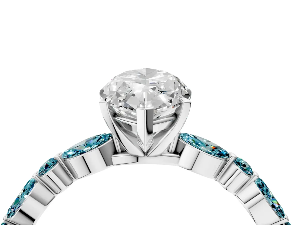 Marquise Cut Diamond Ring with Marquise and Round Blue Topaz Side Stones and Four-Prong Setting Platinum