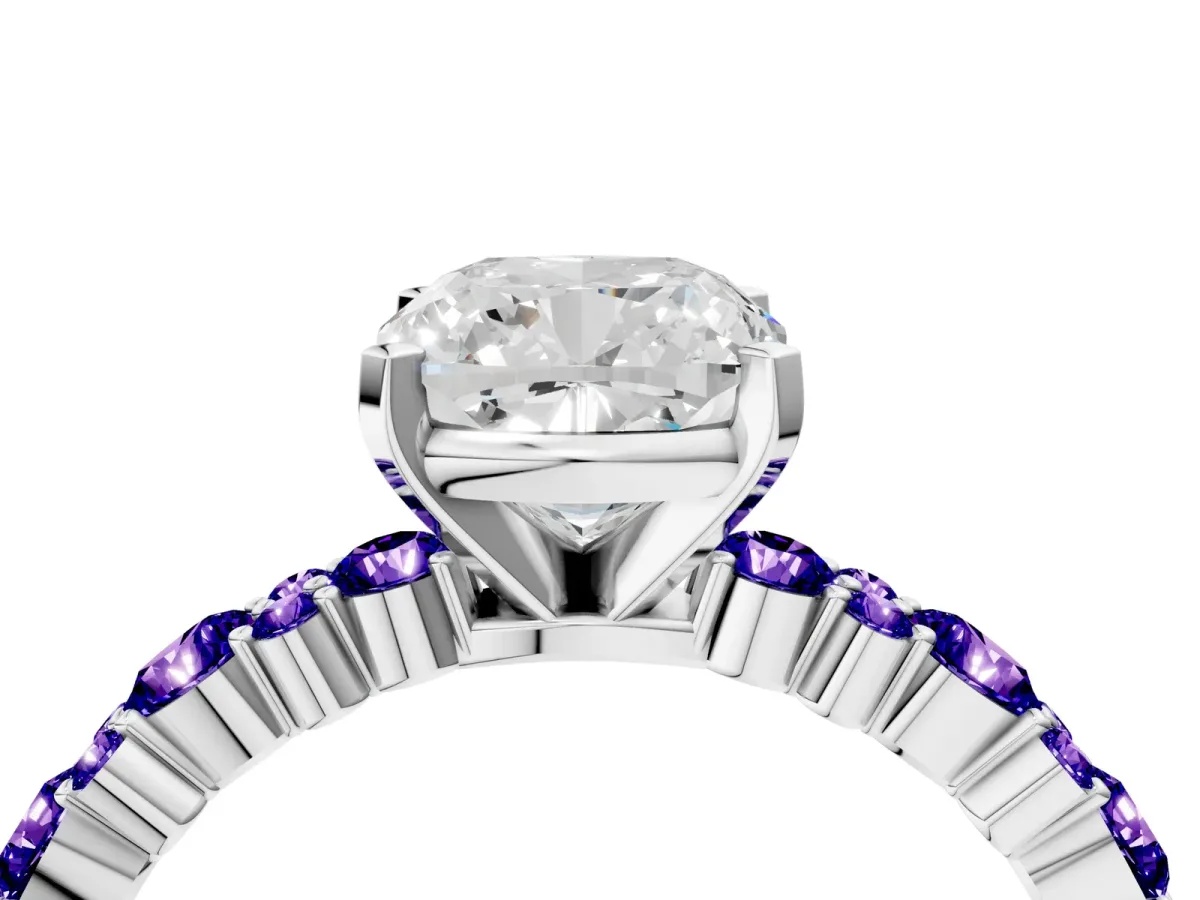Cushion Cut Diamond Side Stone Solitaire Ring with Round Tanzanite and Four-Prong Setting White gold