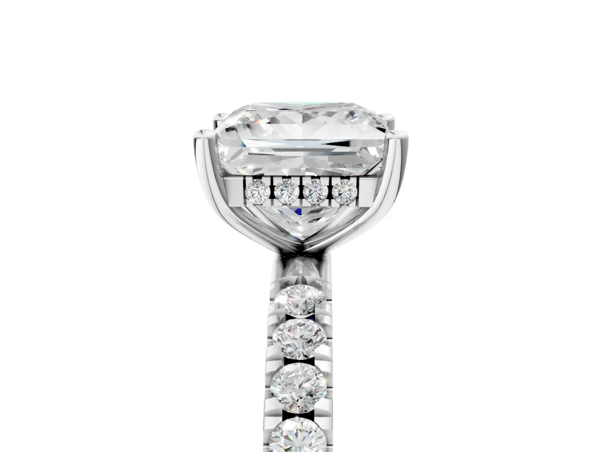 Princess Cut Diamond Pave Band Solitaire Ring with Round Moissanite and Prong Setting Silver
