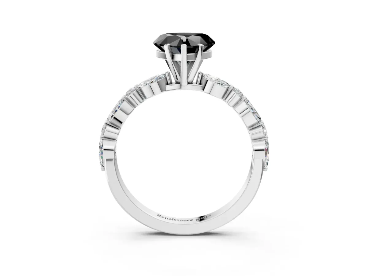 Fancy Black Heart Cut Diamond Ring with Marquise and Round Side Stones and Four-Prong Setting Silver