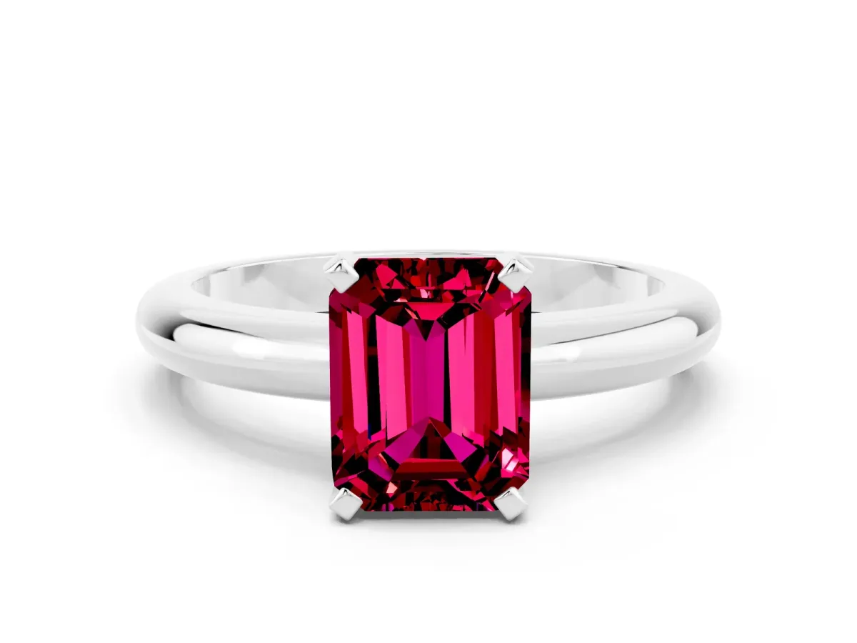 Emerald Cut Garnet Solitaire Engagement Ring with Round Band and Four-Prong Setting Platinum