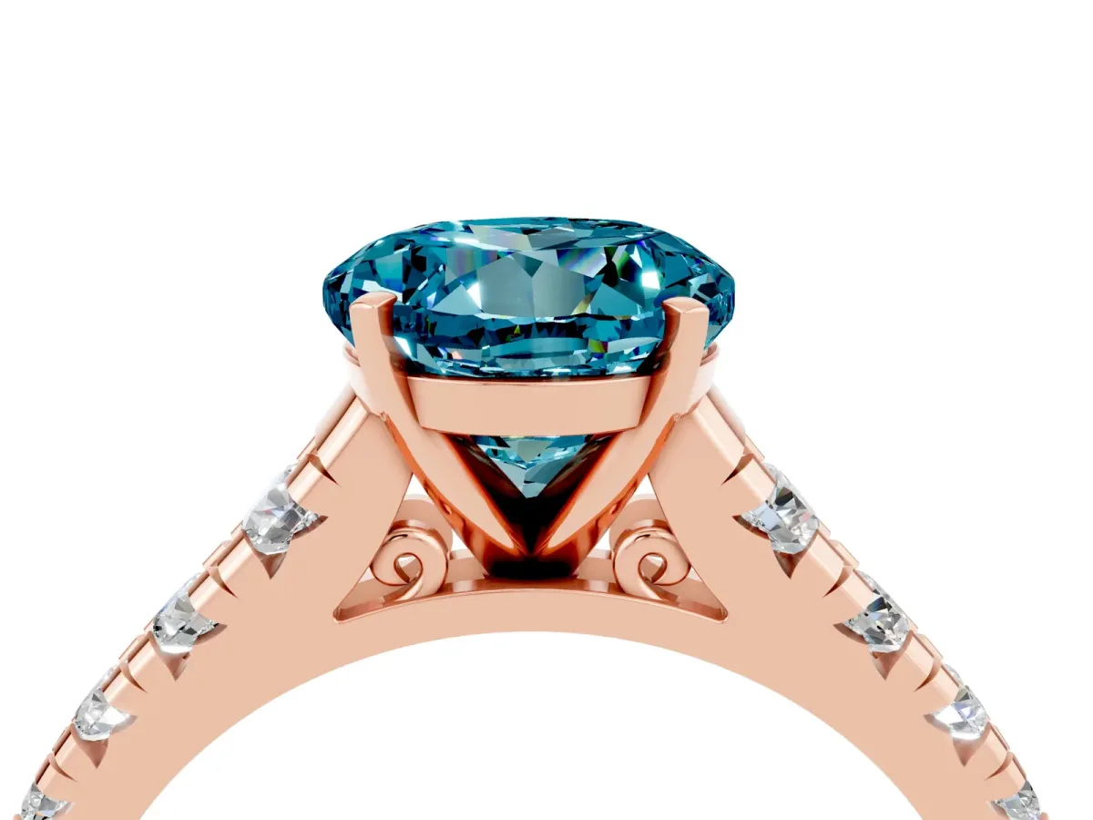 Round Cut Blue Topaz Cathedral Solitaire Ring with Round Pavé Band Rose gold