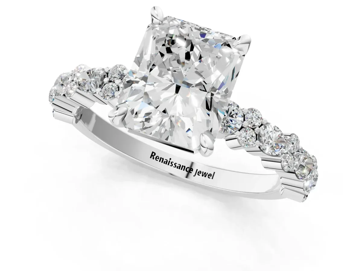 Radiant Cut Diamond Side Stone Solitaire Ring with Round and Four-Prong Setting Platinum