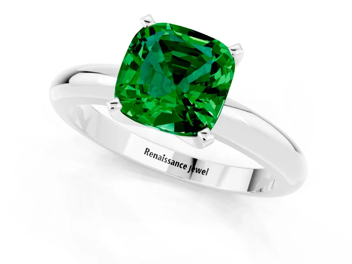 Cushion Cut Emerald Solitaire Engagement Ring with Round Band and Four-Prong Setting White gold
