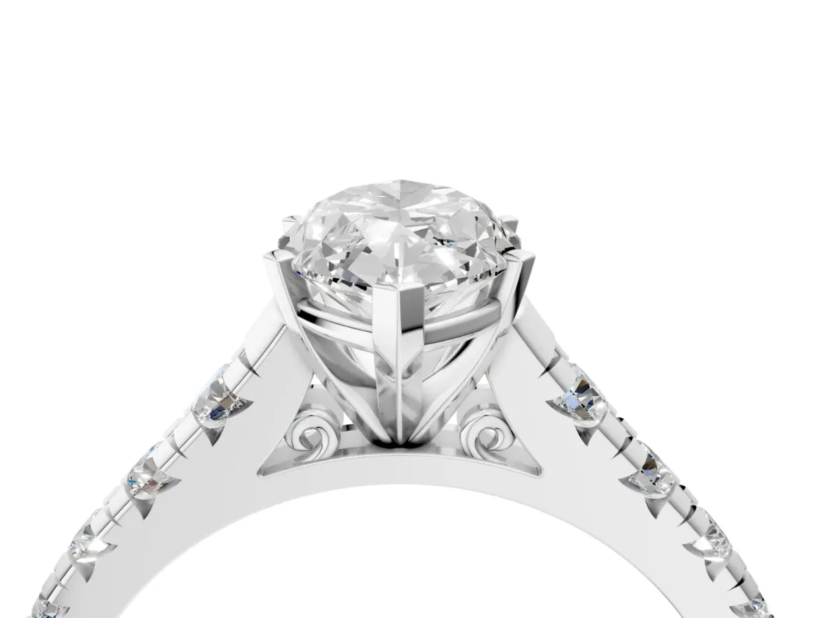 Marquise Cut Diamond Cathedral Solitaire Ring with Round Pavé Band White gold