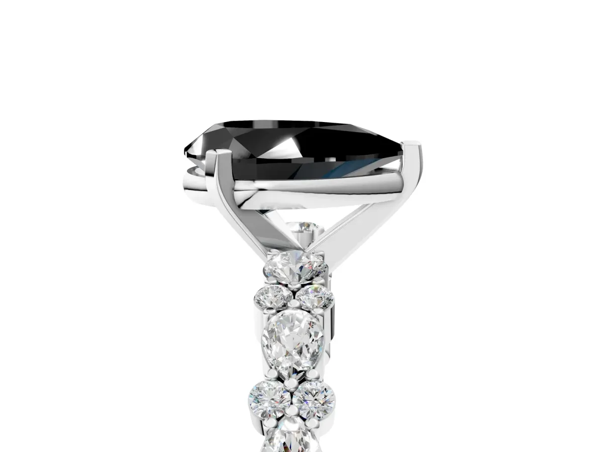 Fancy Black Pear Cut Diamond Side Stone Solitaire Ring with Round and Four-Prong Setting Platinum