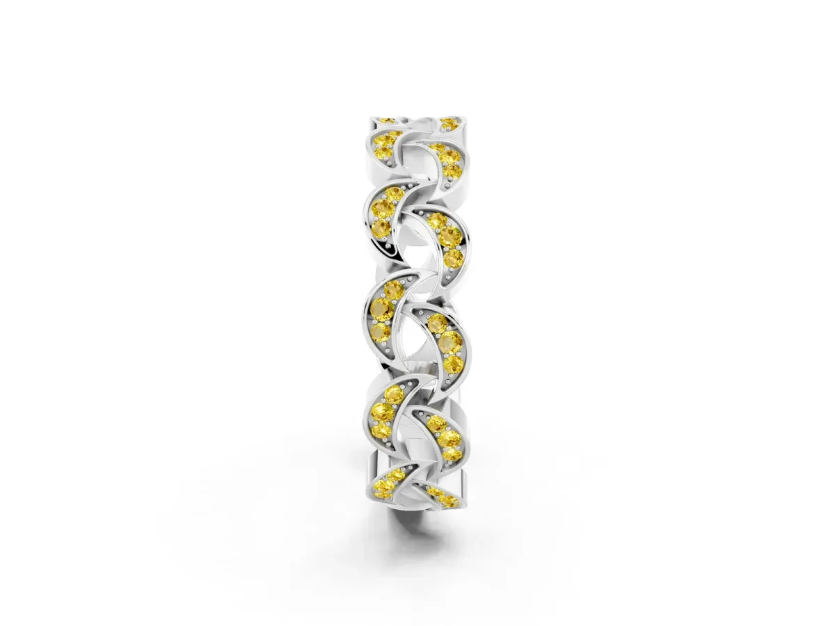 Pavé Round Yellow Sapphire Interlocking Eternity Band with Bezel Prong Setting White gold