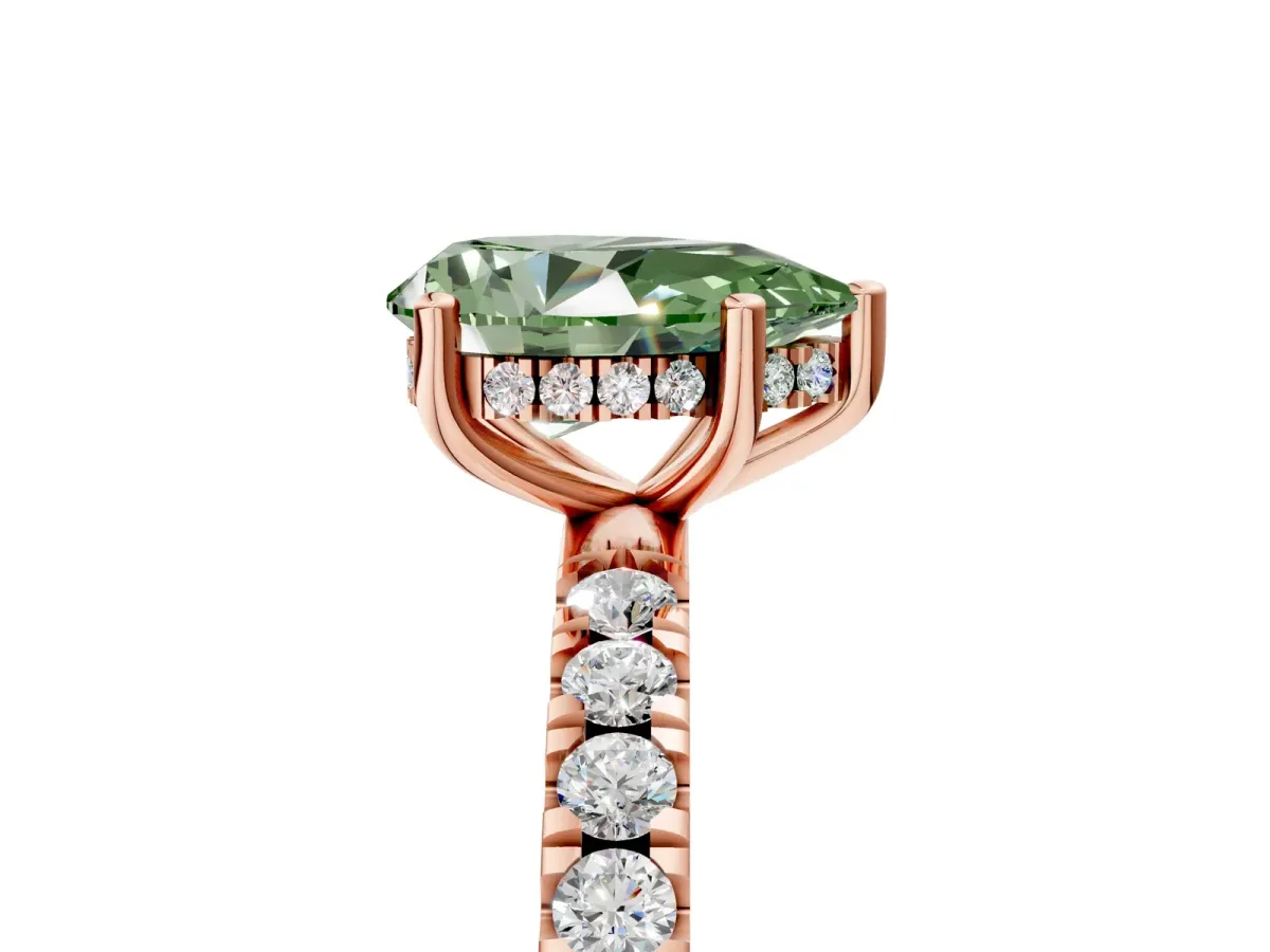 Fancy Green Pear Cut Diamond Pave Band Solitaire Ring with Round and Prong Setting Rose gold
