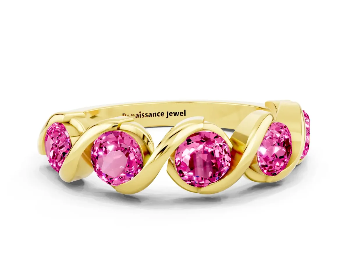 Round Pink Sapphire Wave Band with Channel Setting and Shared Prongs Yellow gold