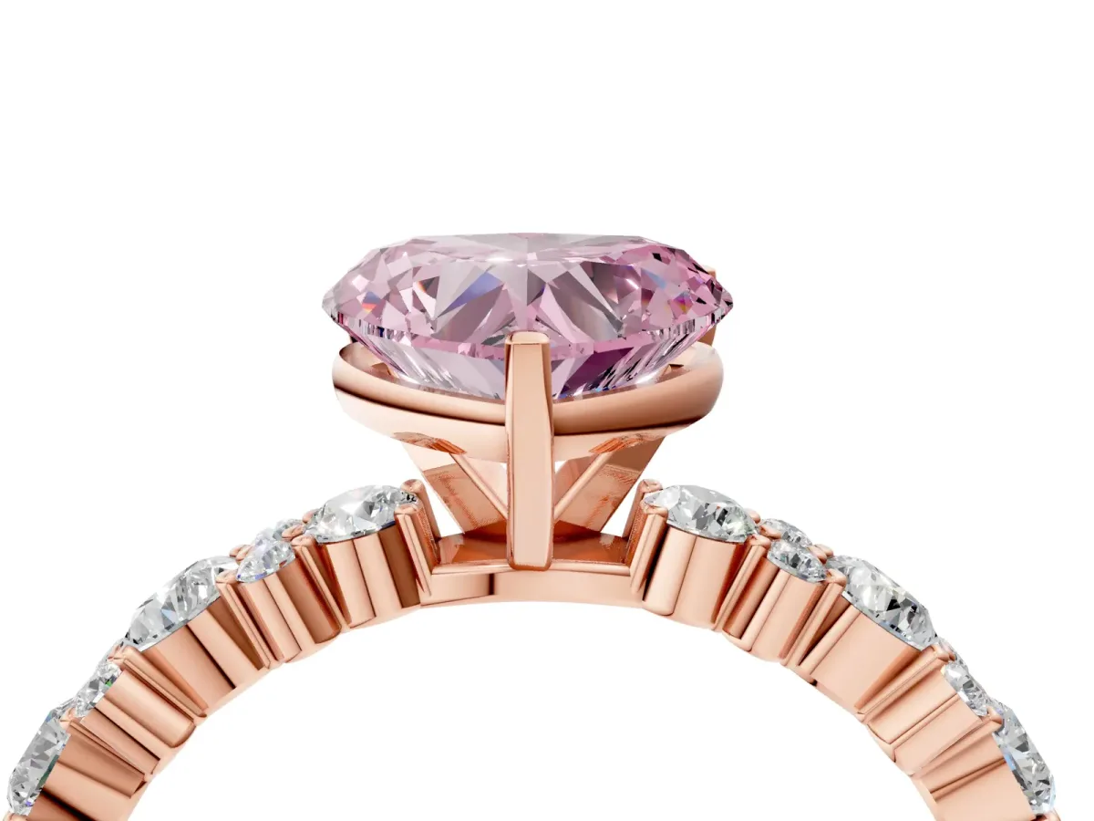 Fancy Pink Heart Cut Diamond Side Stone Solitaire Ring with Round and Four-Prong Setting Rose gold