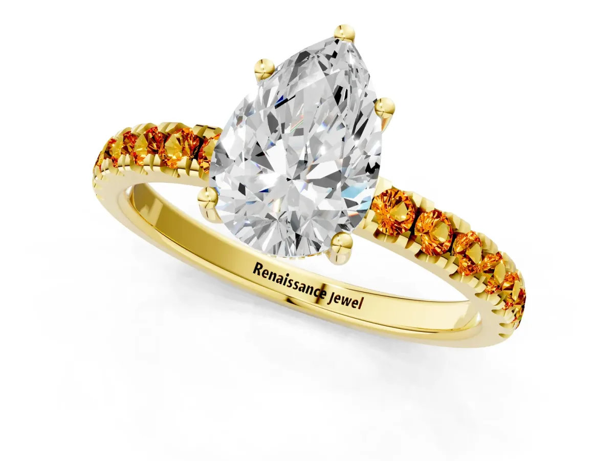 Pear Cut Diamond Pave Band Solitaire Ring with Round Citrine and Prong Setting Yellow gold