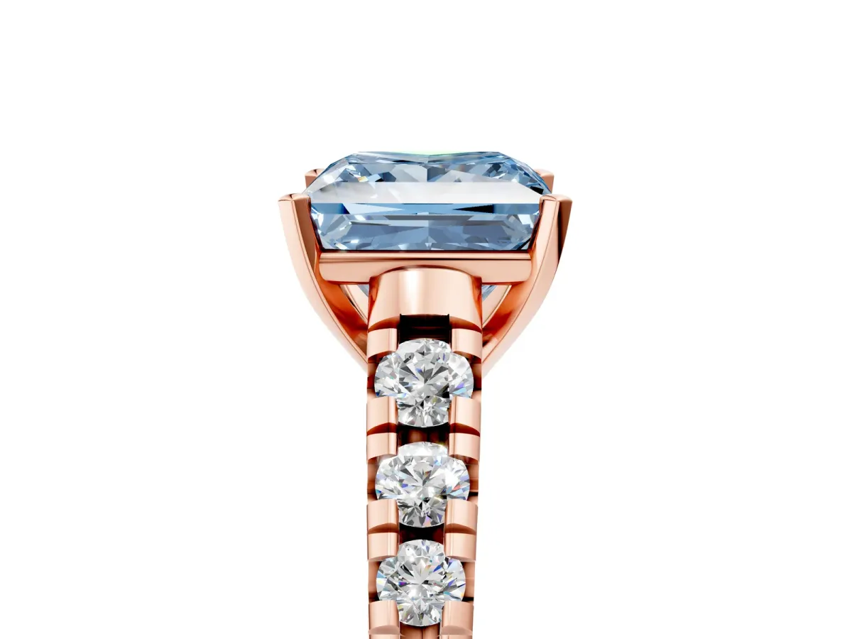 Fancy Blue Princess Cut Diamond Cathedral Solitaire Ring with Round Pavé Band Rose gold