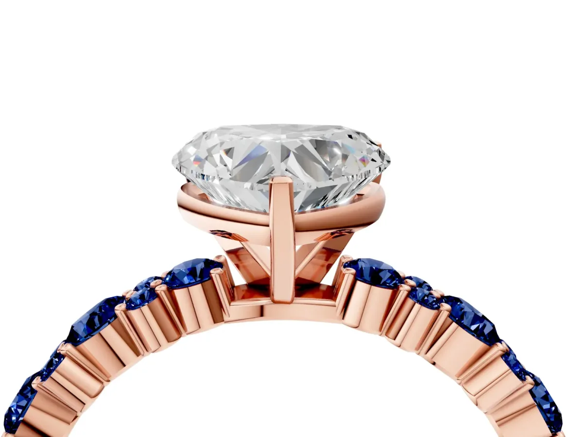 Heart Cut Diamond Side Stone Solitaire Ring with Round Blue Sapphire and Four-Prong Setting Rose gold
