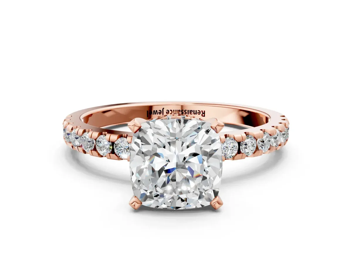 Cushion Cut Diamond Solitaire Ring with Round Pavé Band and Four-Prong Setting Rose gold