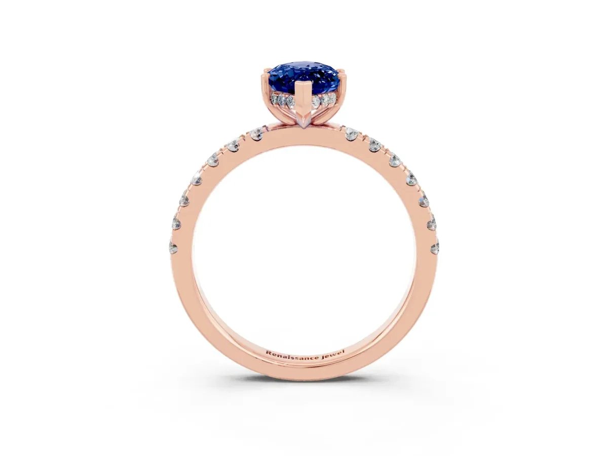 Marquise Cut Blue Sapphire Pave Band Solitaire Ring with Round and Prong Setting Rose gold