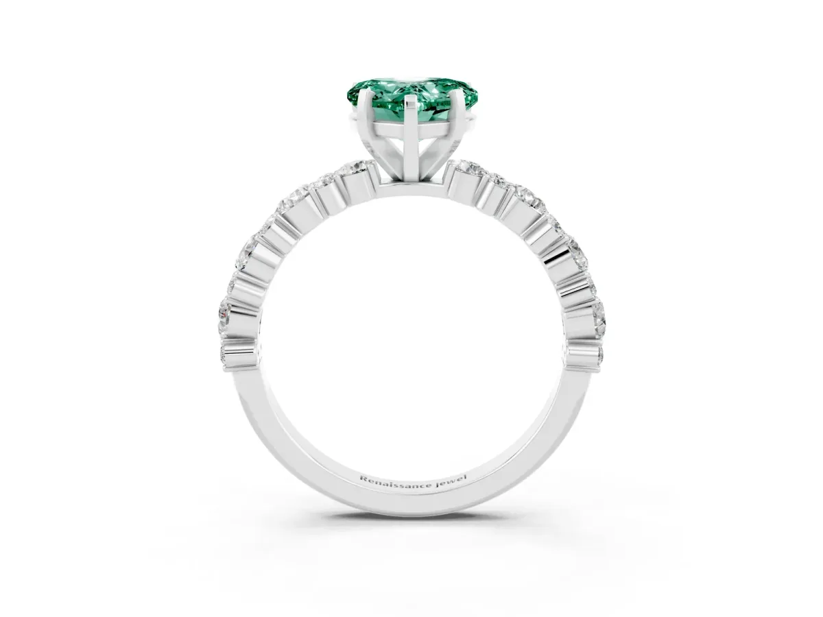 Heart Cut Green Sapphire Side Stone Solitaire Ring with Round and Four-Prong Setting Silver
