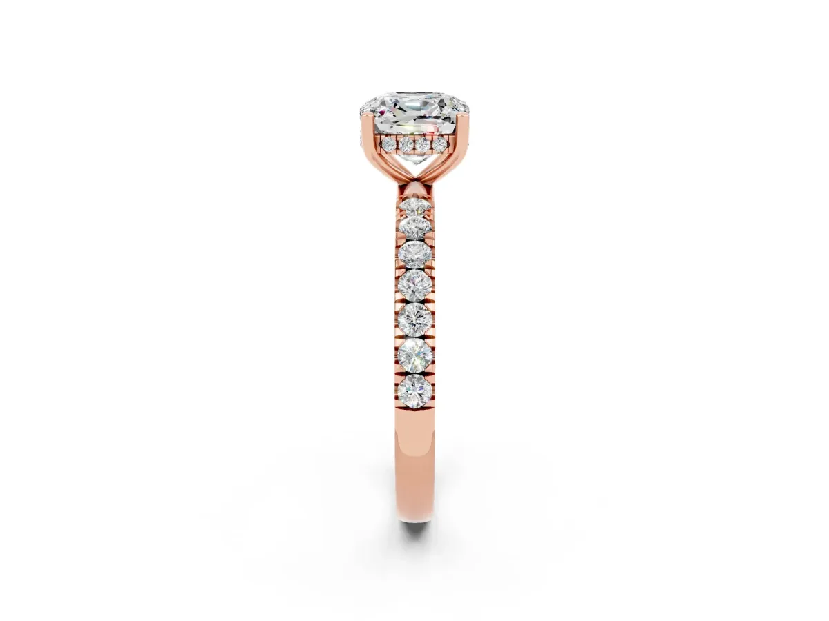Cushion Cut Moissanite Pave Band Solitaire Ring with Round and Prong Setting Rose gold