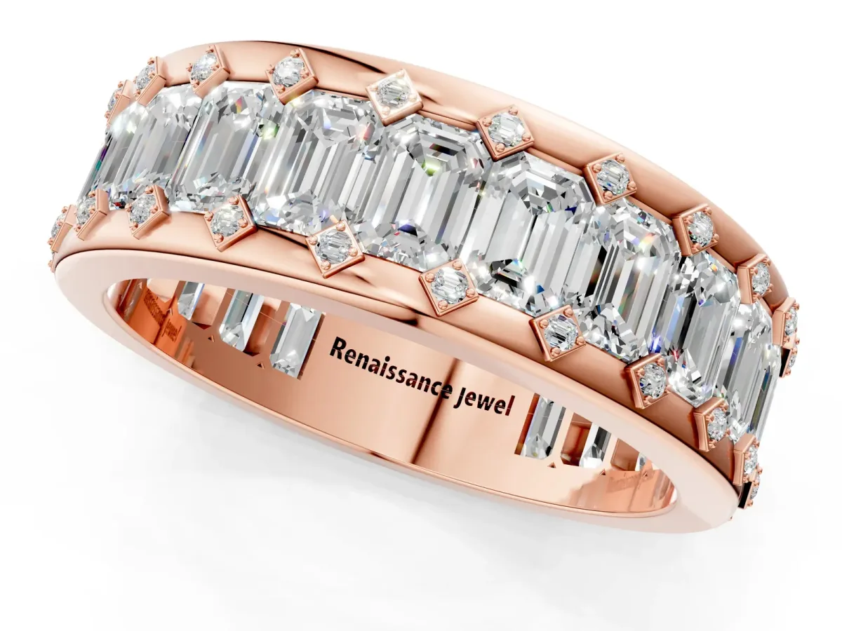 Emerald Cut and Round Diamond Eternity Mens Band Rose gold