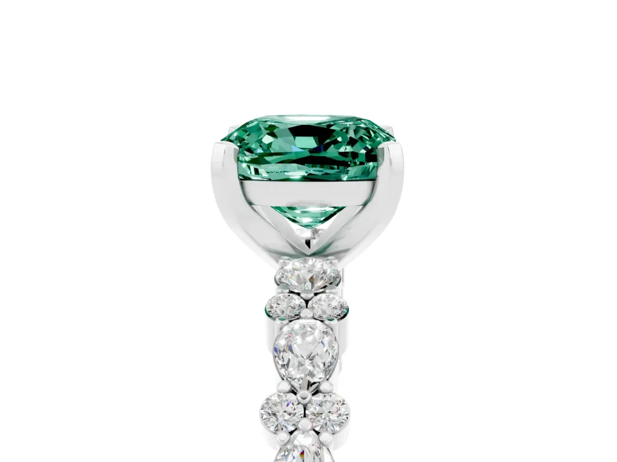 Cushion Cut Green Sapphire Side Stone Solitaire Ring with Round and Four-Prong Setting Platinum