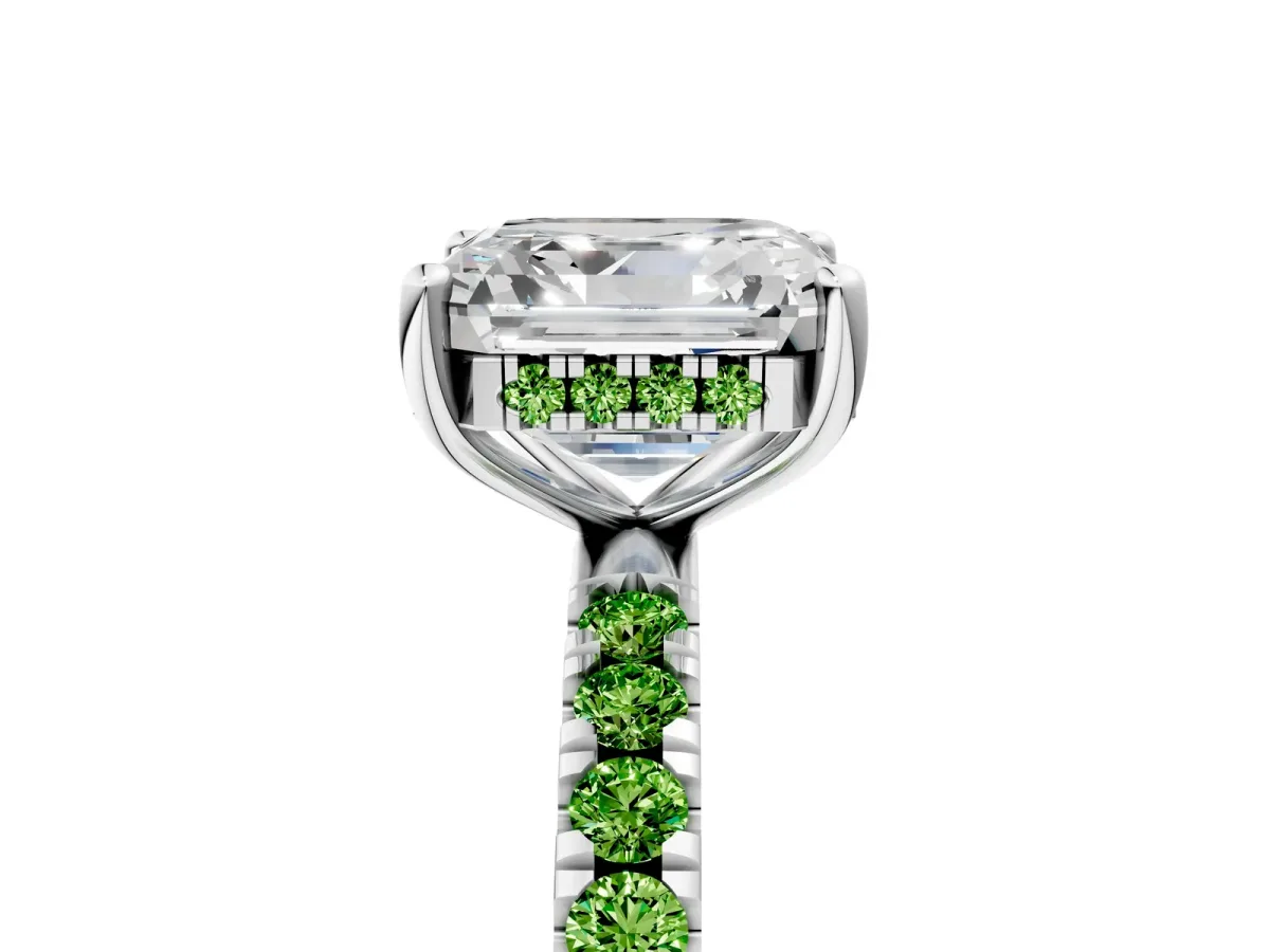 Asscher Cut Diamond Pave Band Solitaire Ring with Round Peridot and Prong Setting White gold