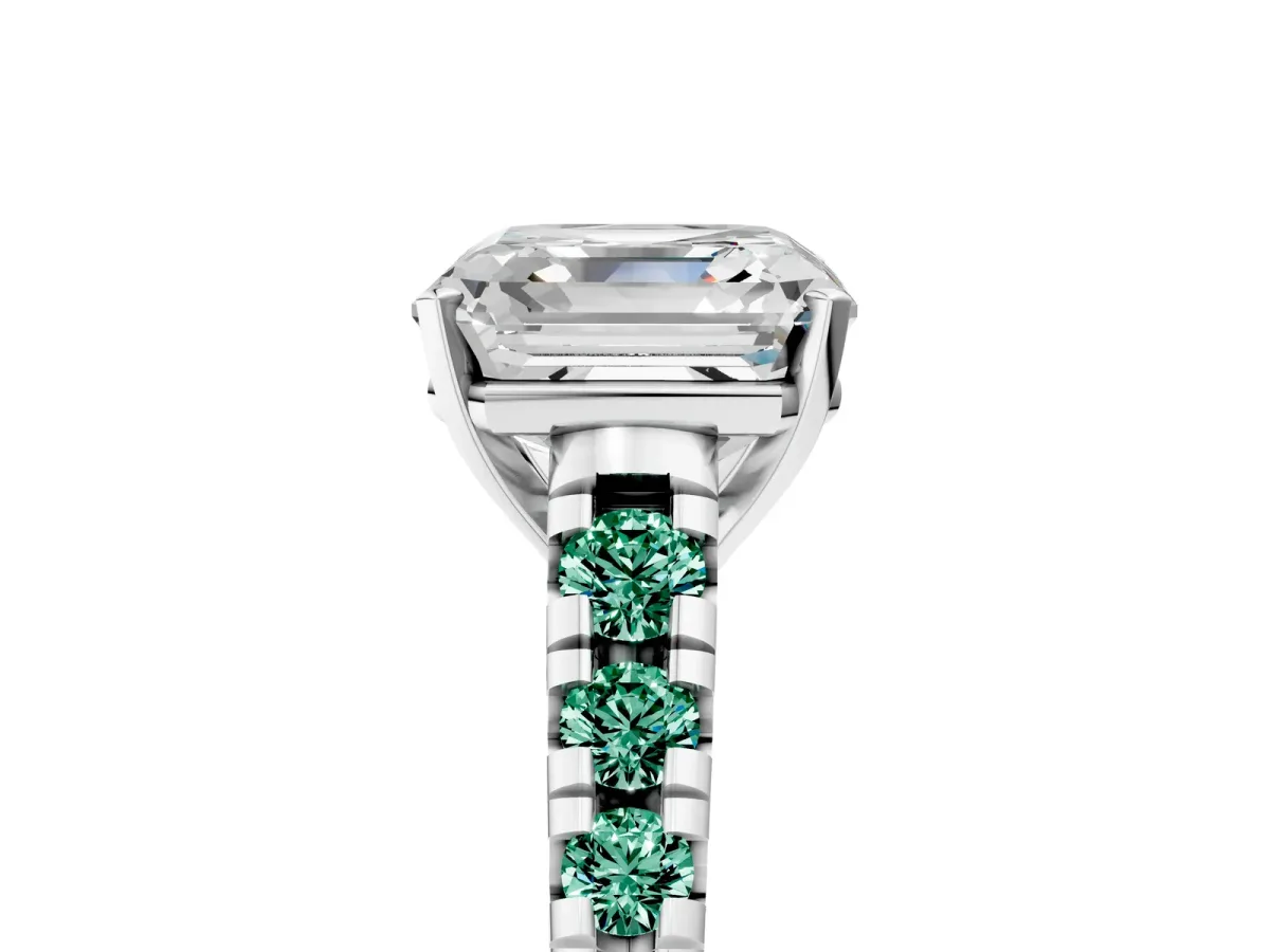 Asscher Cut Diamond Cathedral Solitaire Ring with Round Green Sapphire Pavé Band Silver