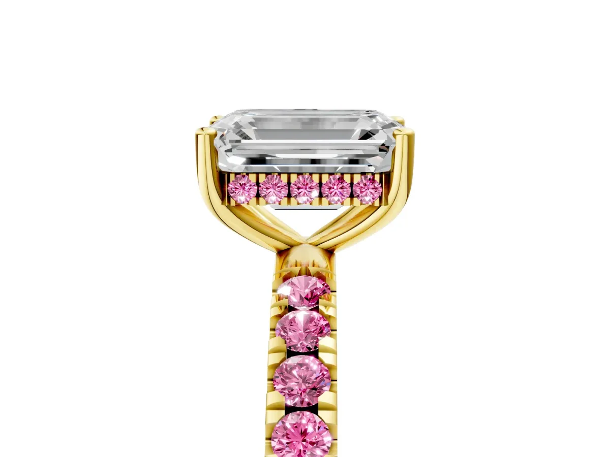 Emerald Cut Diamond Pave Band Solitaire Ring with Round Pink Sapphire and Prong Setting Yellow gold
