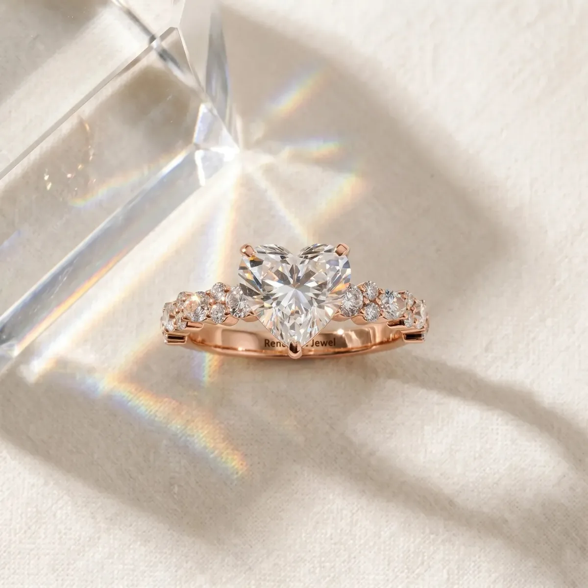 Heart Cut Diamond Side Stone Solitaire Ring with Round and Four-Prong Setting Rose gold