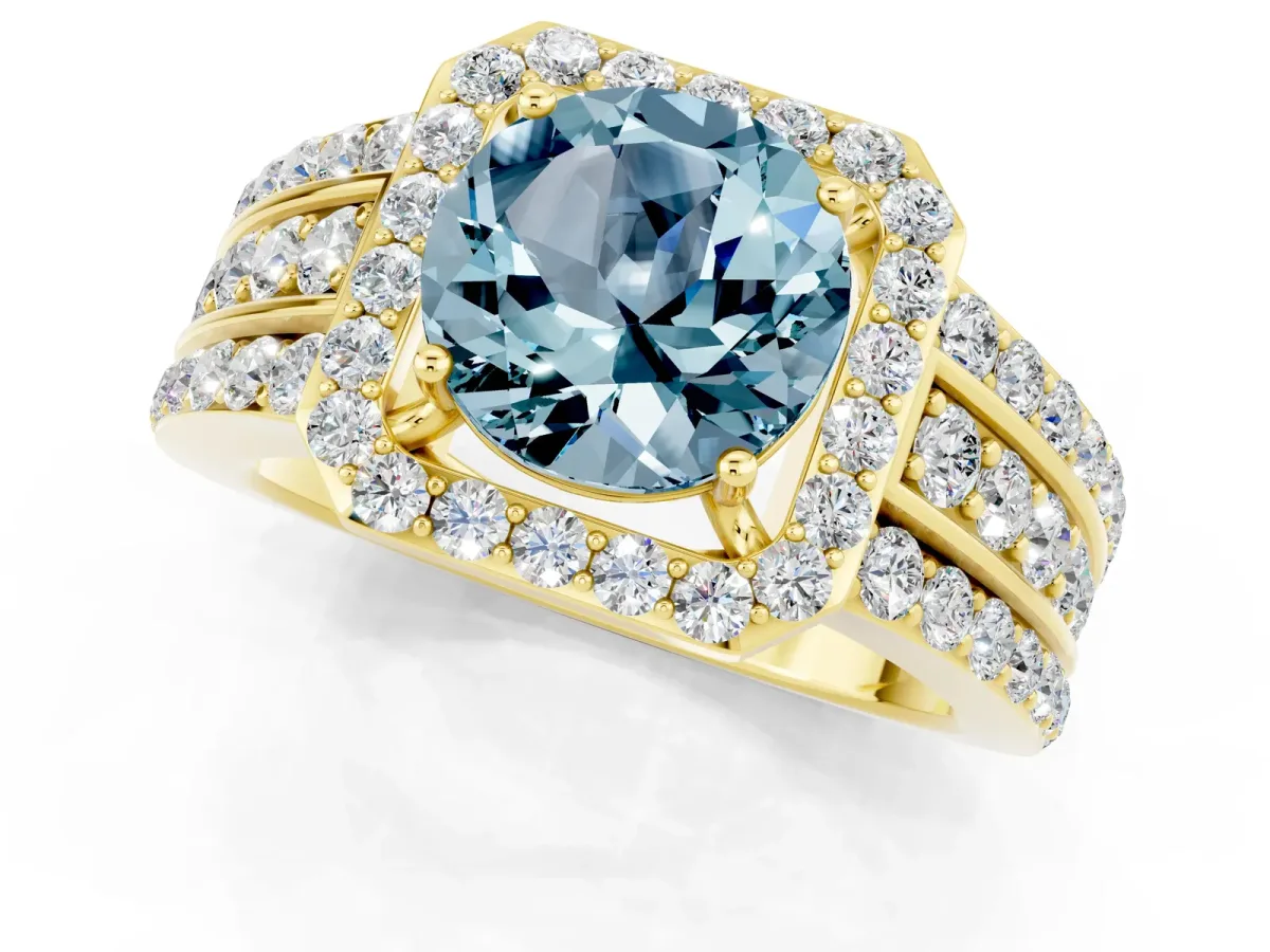Round Cut Halo Aquamarine Ring with Round Split Shank and Prong Setting Yellow gold