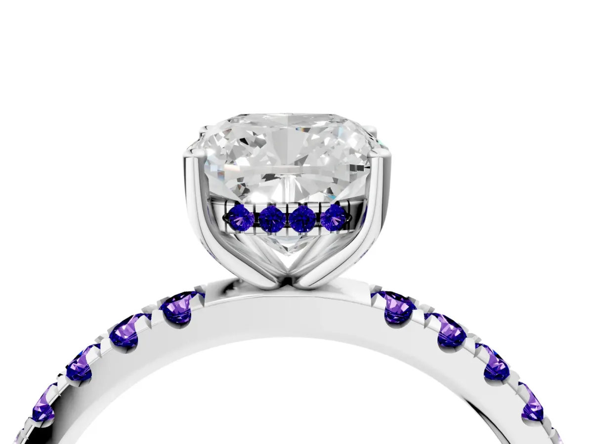 Cushion Cut Diamond Pave Band Solitaire Ring with Round Tanzanite and Prong Setting Platinum