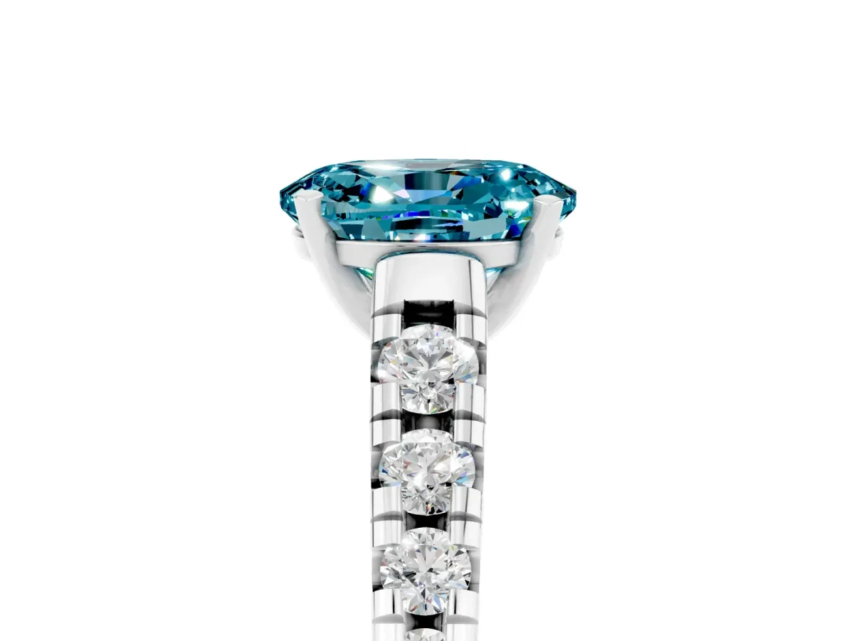 Oval Cut Blue Topaz Cathedral Solitaire Ring with Round Pavé Band White gold