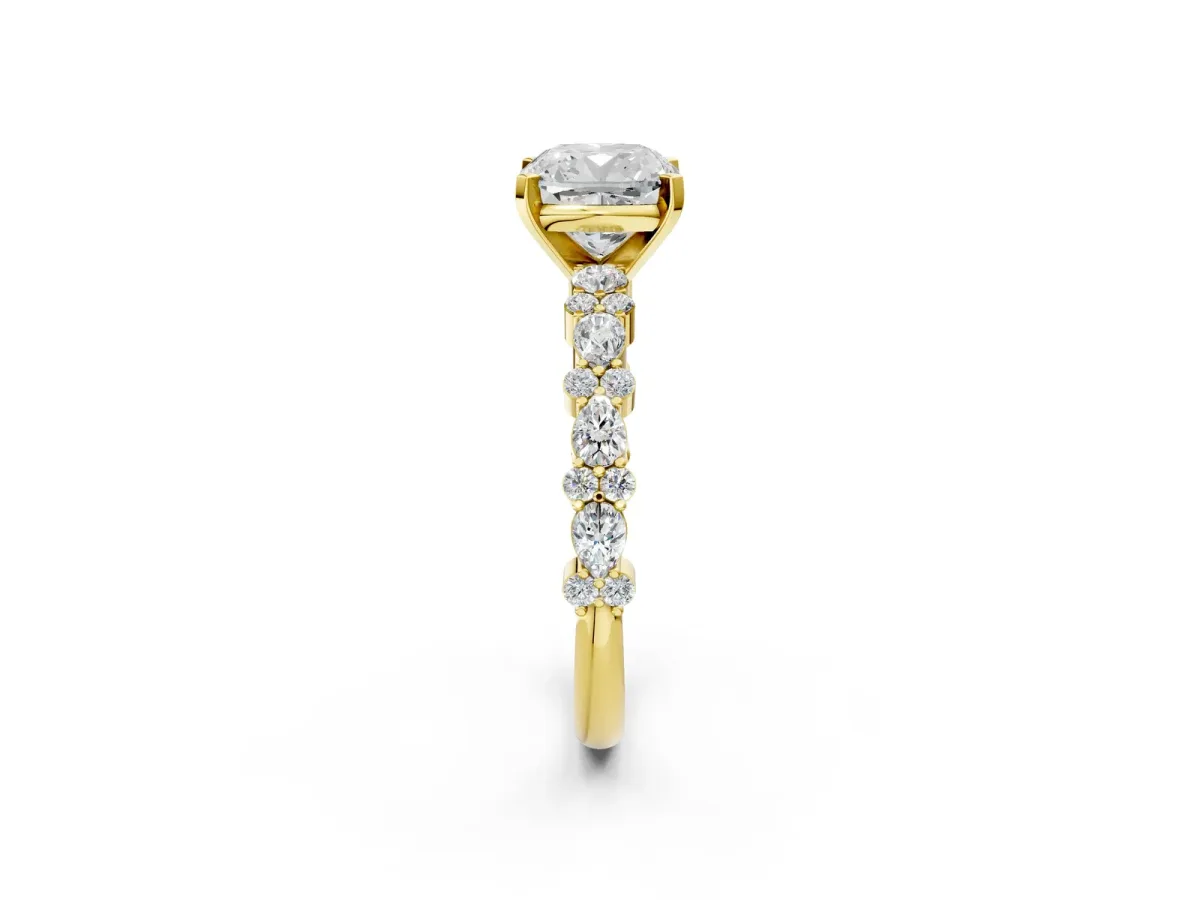 Cushion Cut Diamond Side Stone Solitaire Ring with Round Moissanite and Four-Prong Setting Yellow gold