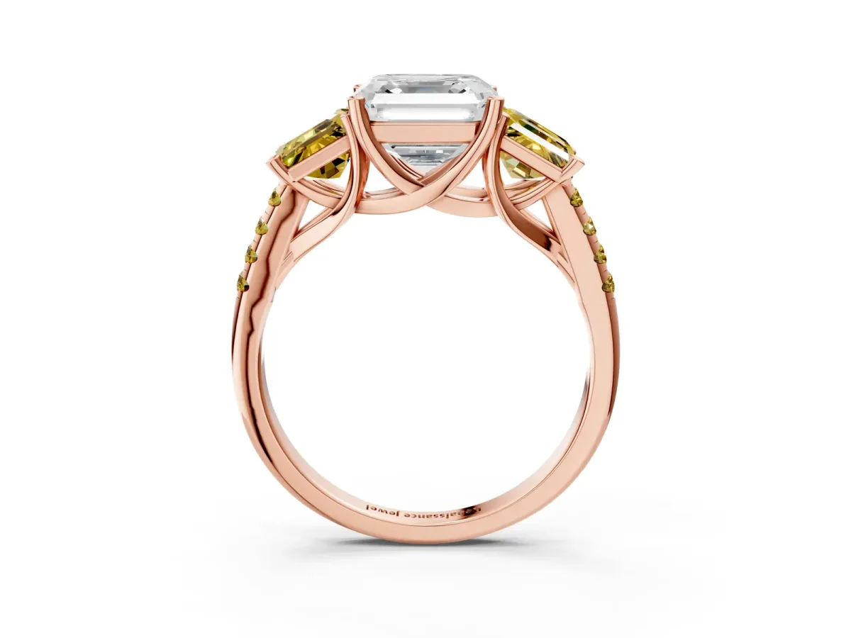 Three-Stone Asscher Cut Diamond Ring with Round Yellow Sapphire Pavé Band and Prong Setting Rose gold