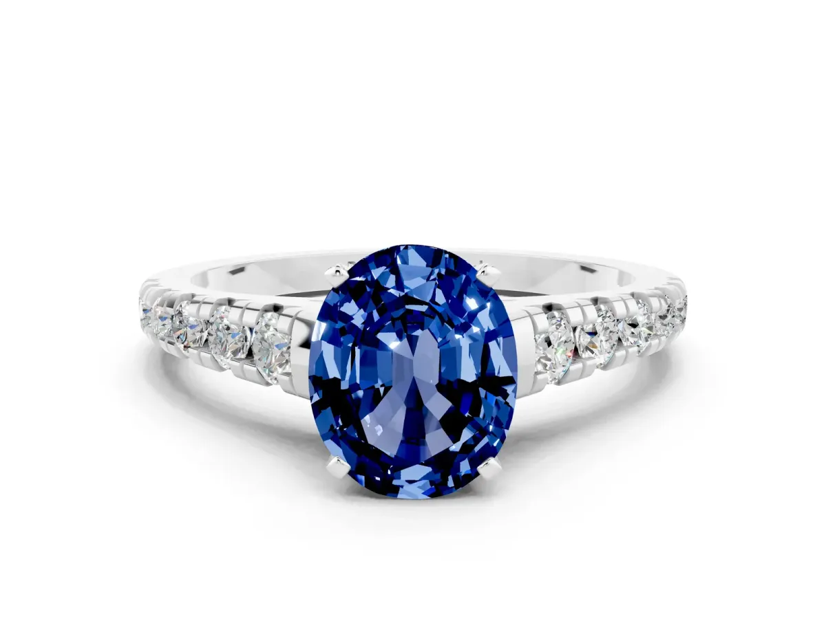 Oval Cut Blue Sapphire Cathedral Solitaire Ring with Round Pavé Band White gold