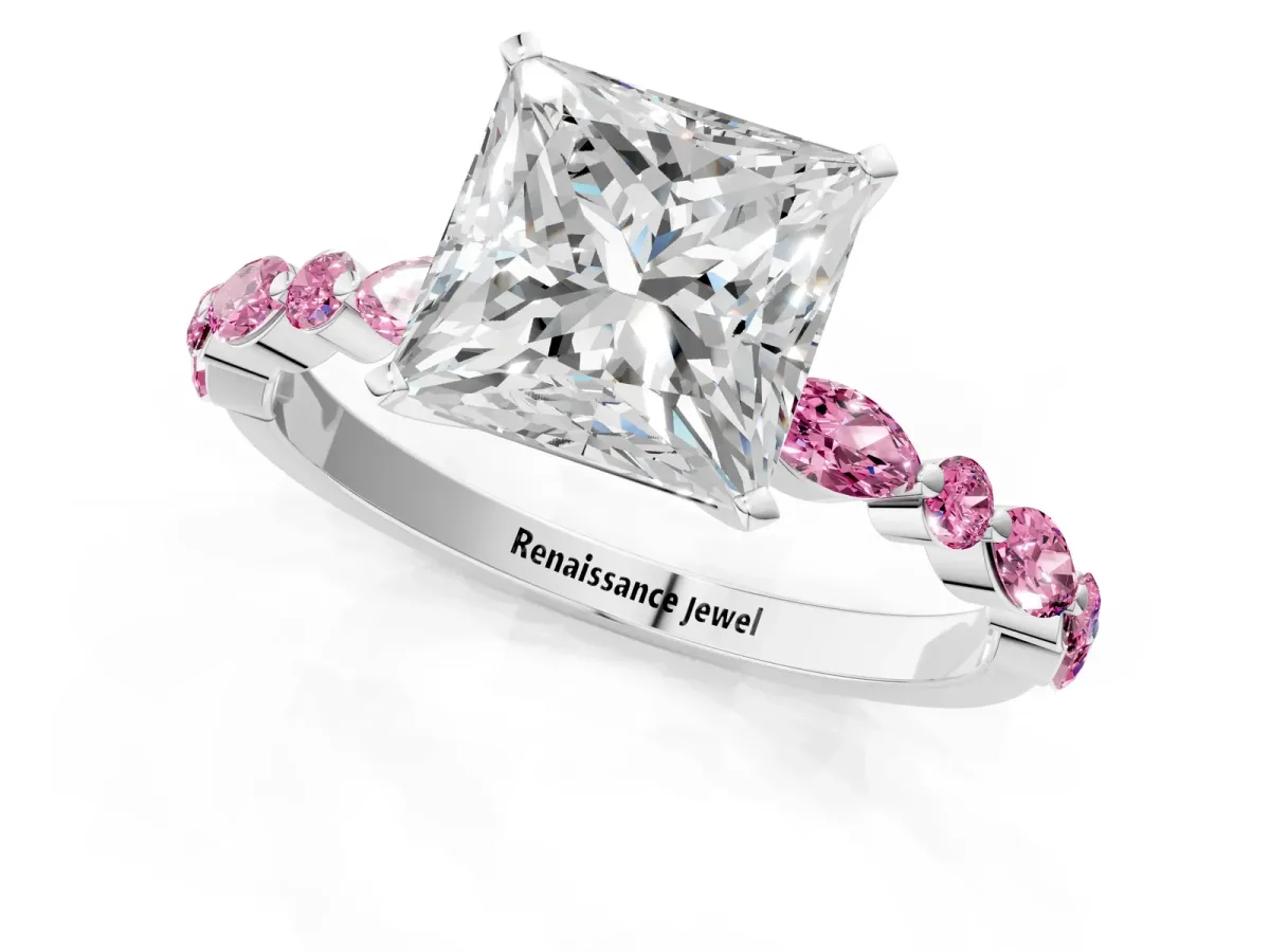 Princess Cut Diamond Ring with Marquise and Round Pink Sapphire Side Stones and Four-Prong Setting Silver