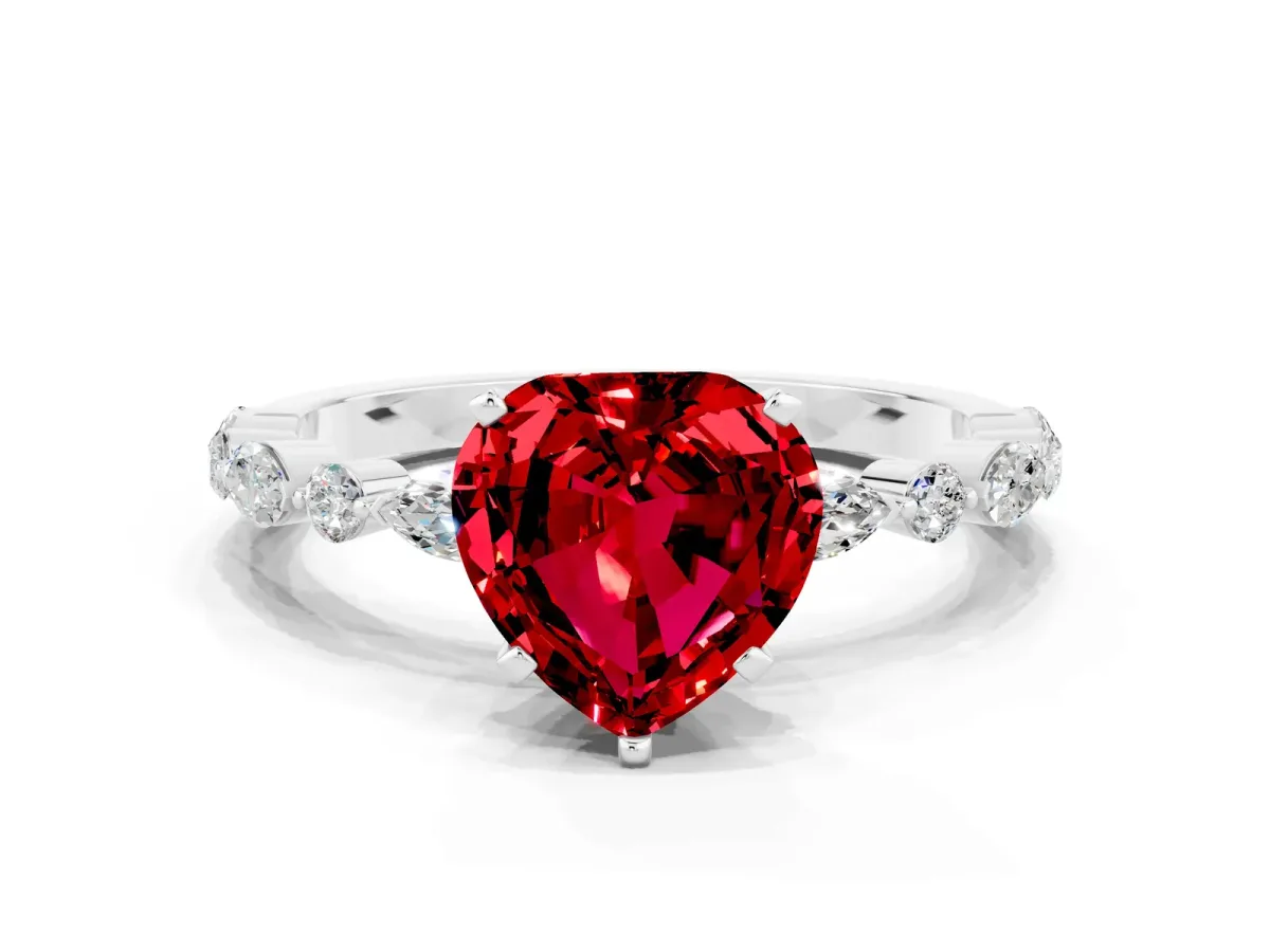 Heart Cut Ruby Ring with Marquise and Round Side Stones and Four-Prong Setting White gold