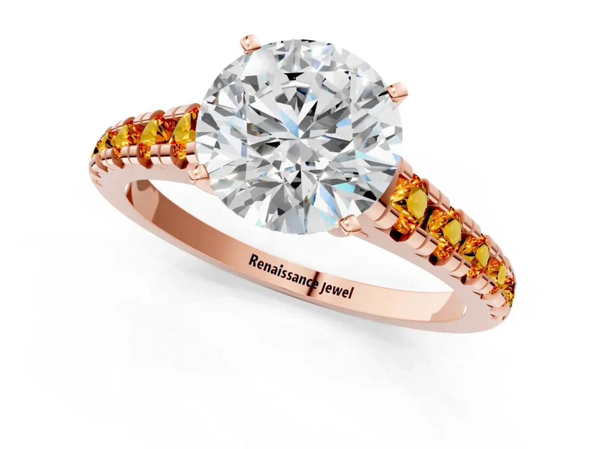 Round Cut Diamond Cathedral Solitaire Ring with Round Citrine Pavé Band Rose gold