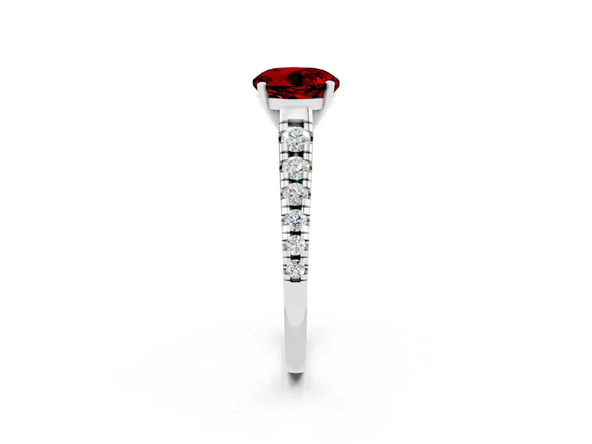 Round Cut Ruby Cathedral Solitaire Ring with Round Pavé Band Platinum