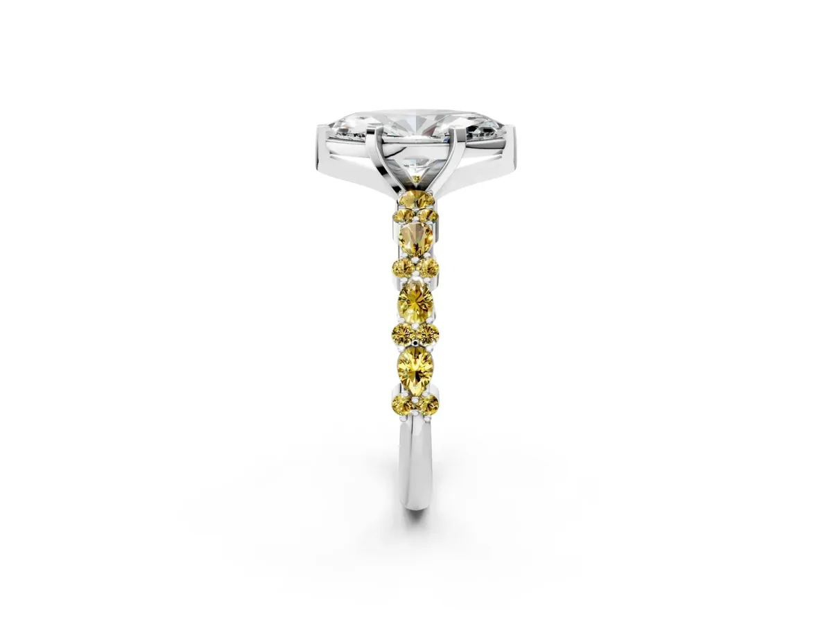 Marquise Cut Diamond Side Stone Solitaire Ring with Round Yellow Sapphire and Four-Prong Setting Platinum