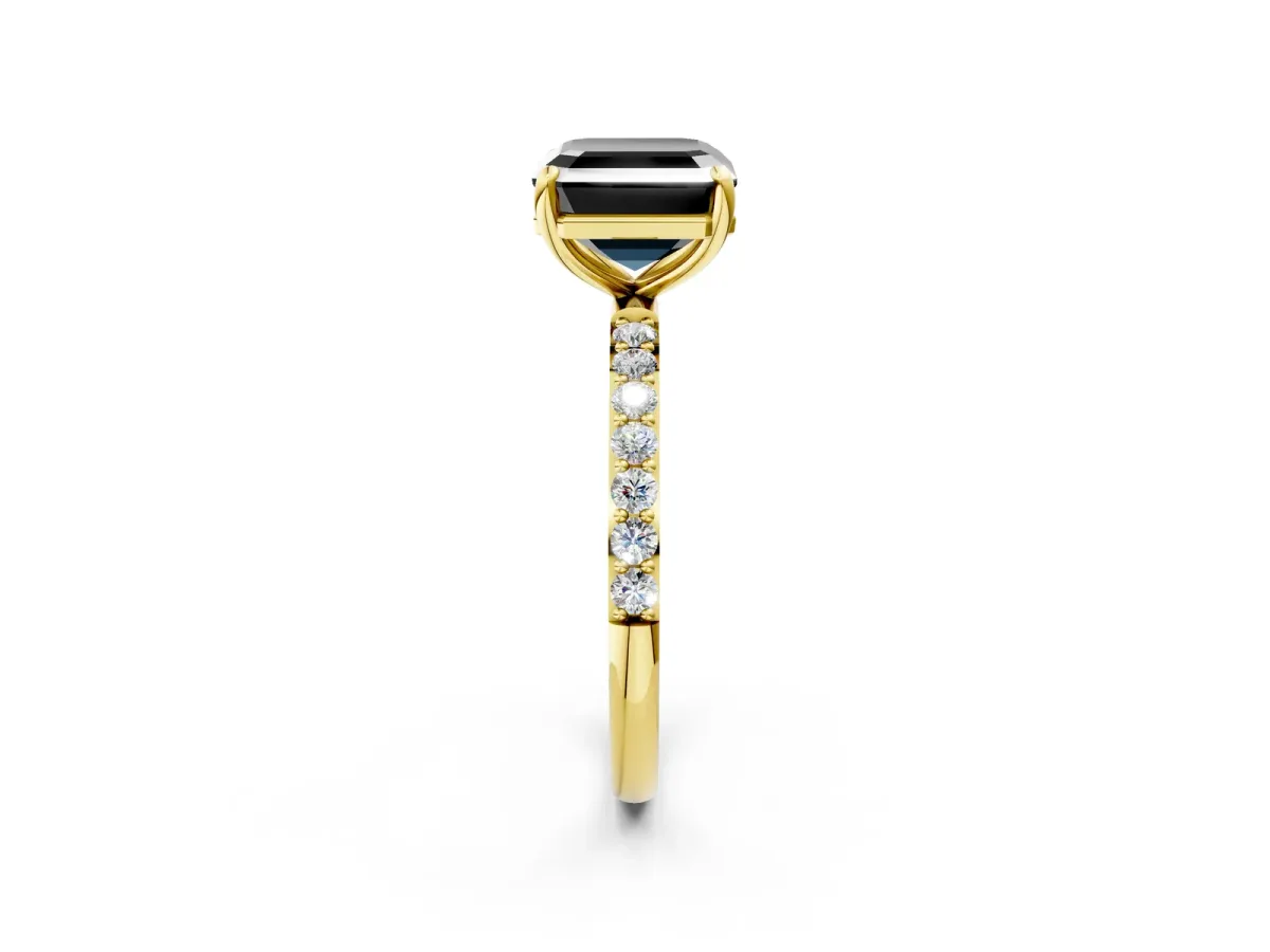 Fancy Black Asscher Cut Diamond Solitaire Ring with Round Pavé Band and Prong Setting Yellow gold
