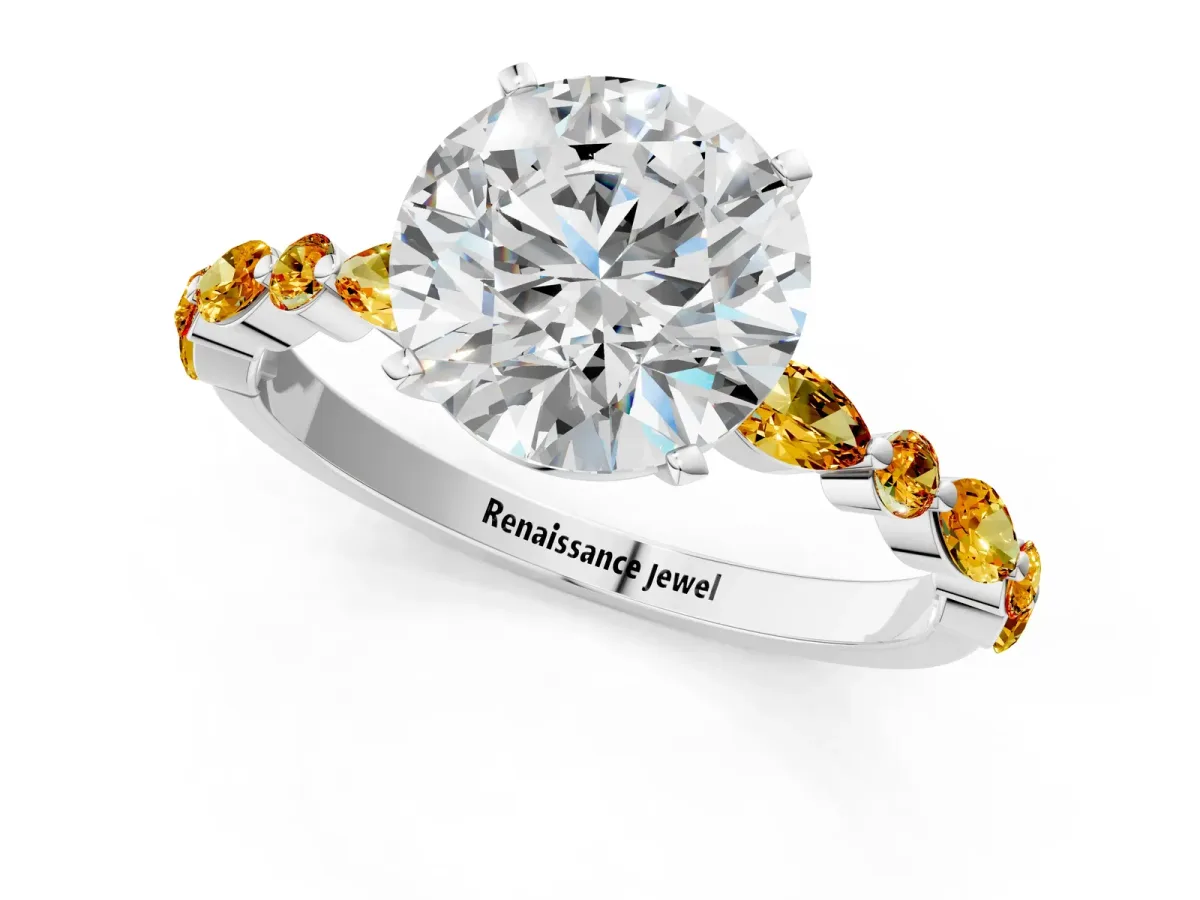 Round Cut Diamond Ring with Marquise and Round Citrine Side Stones and Four-Prong Setting Platinum